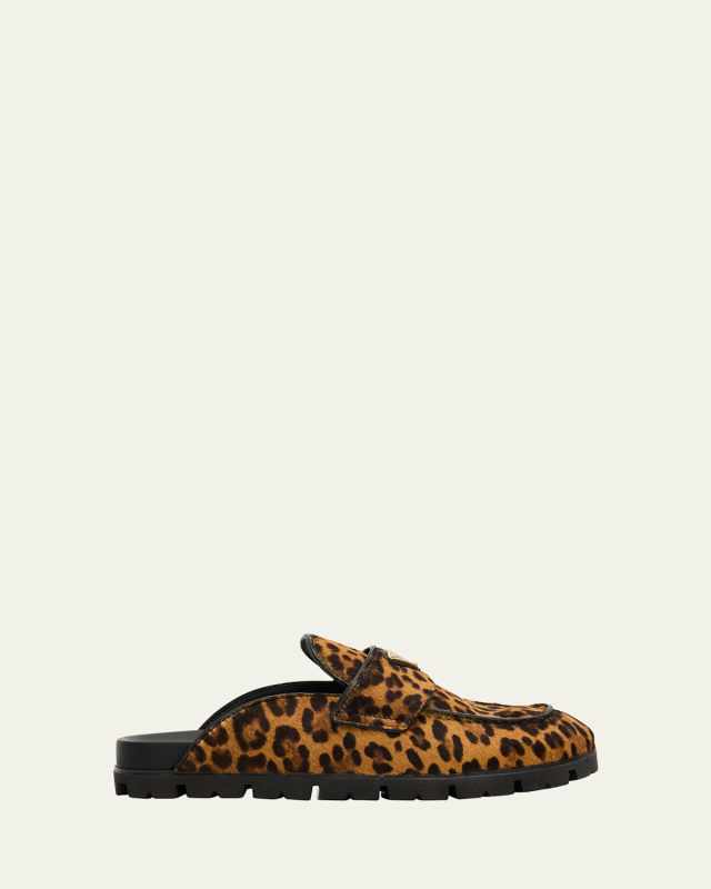 Leopard Calf Hair Triangle Logo Mules